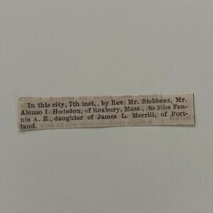 Rev. Mr. Stebbens Mr. Alonzo I. Hodson 1855 Portland ME Marriage SAI4-S34